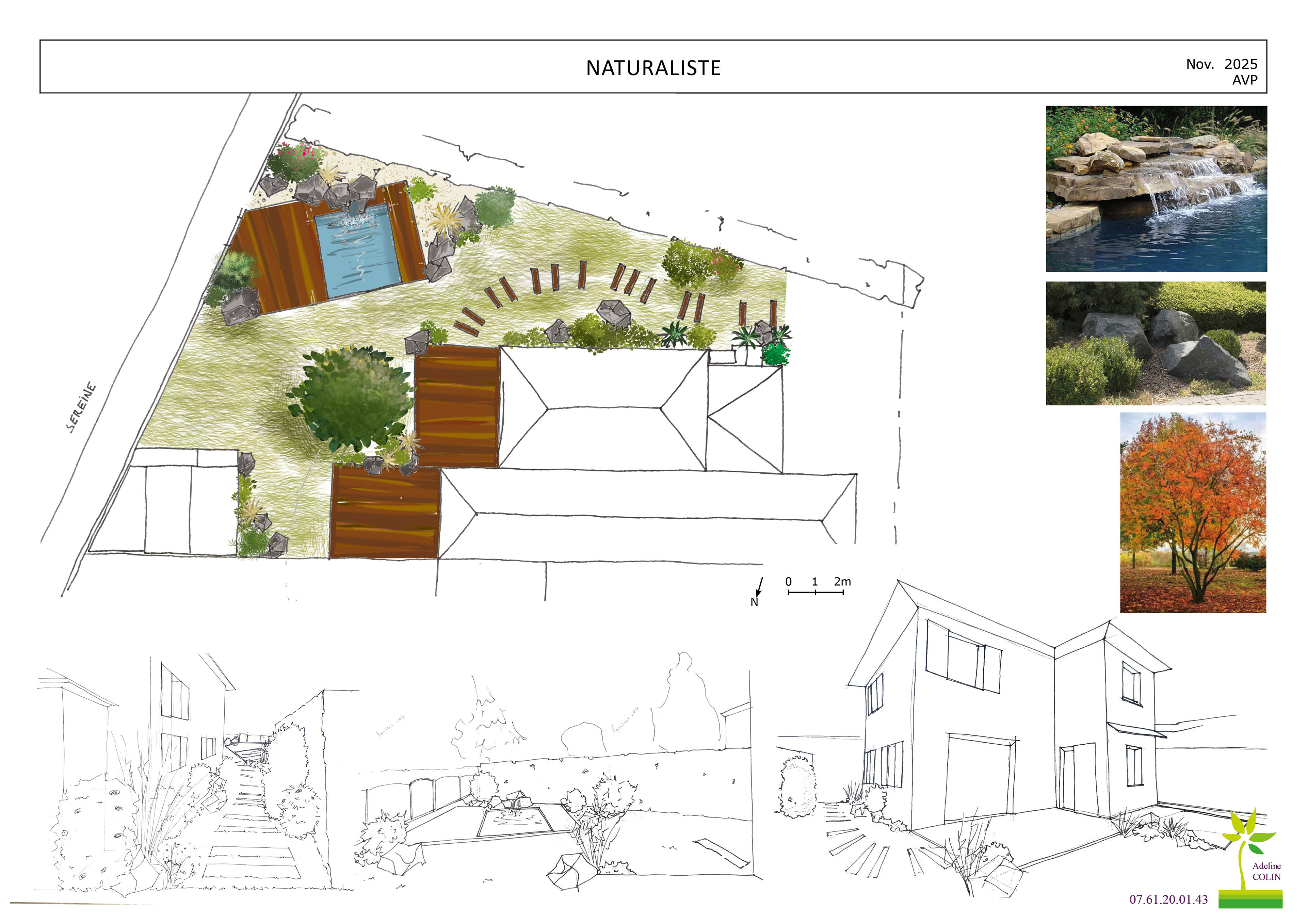 Plan et croquis d'ambiance,  Jardin naturaliste avec des espaces agrémentés de graminées et d'enrochements. création de deux terrasses distinctes proches de la maison, piscine dans une ambiance nature.