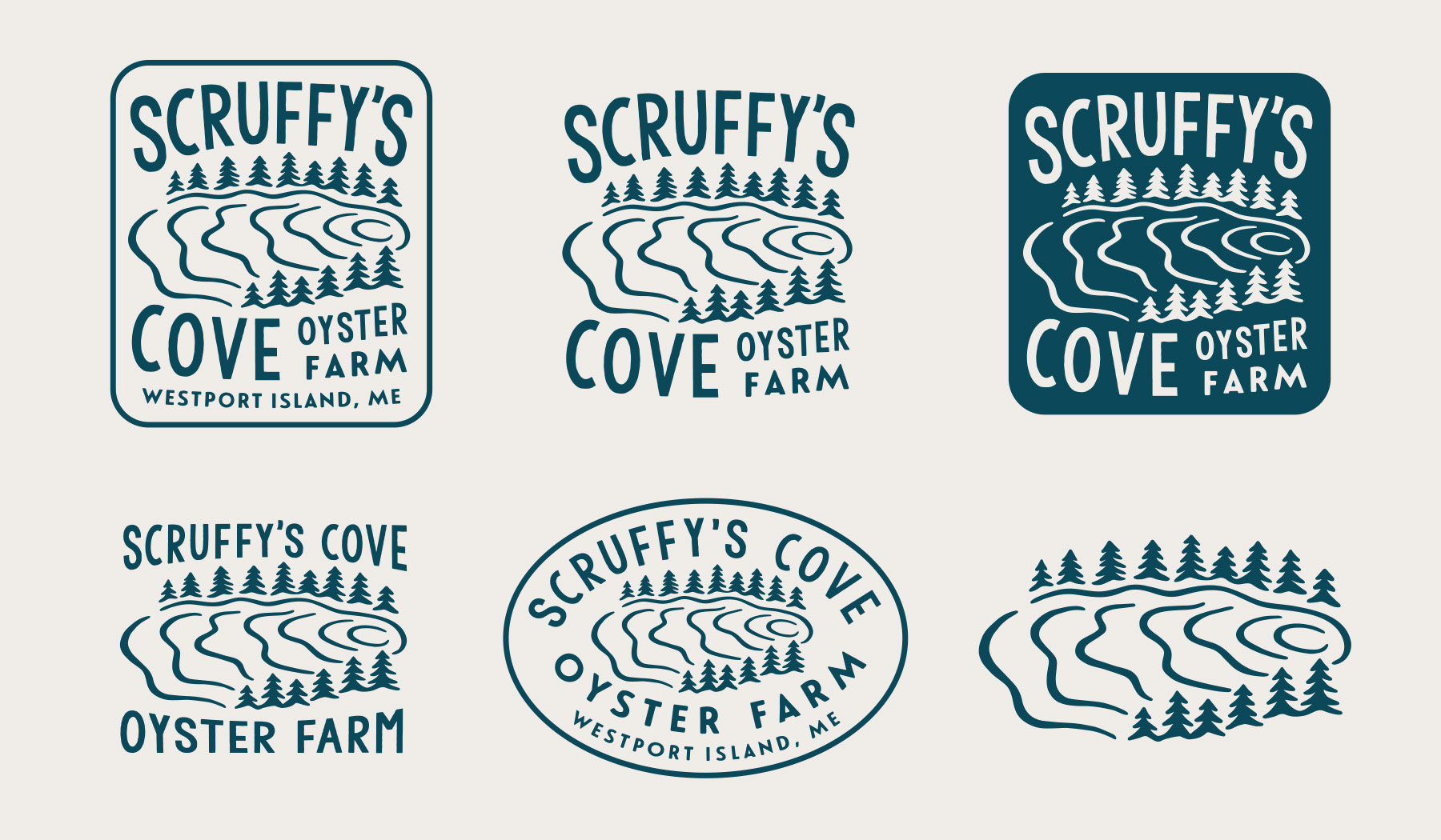 Various vintage style oyster farm logos for Scruffy's Cove by Scott Whitehouse.