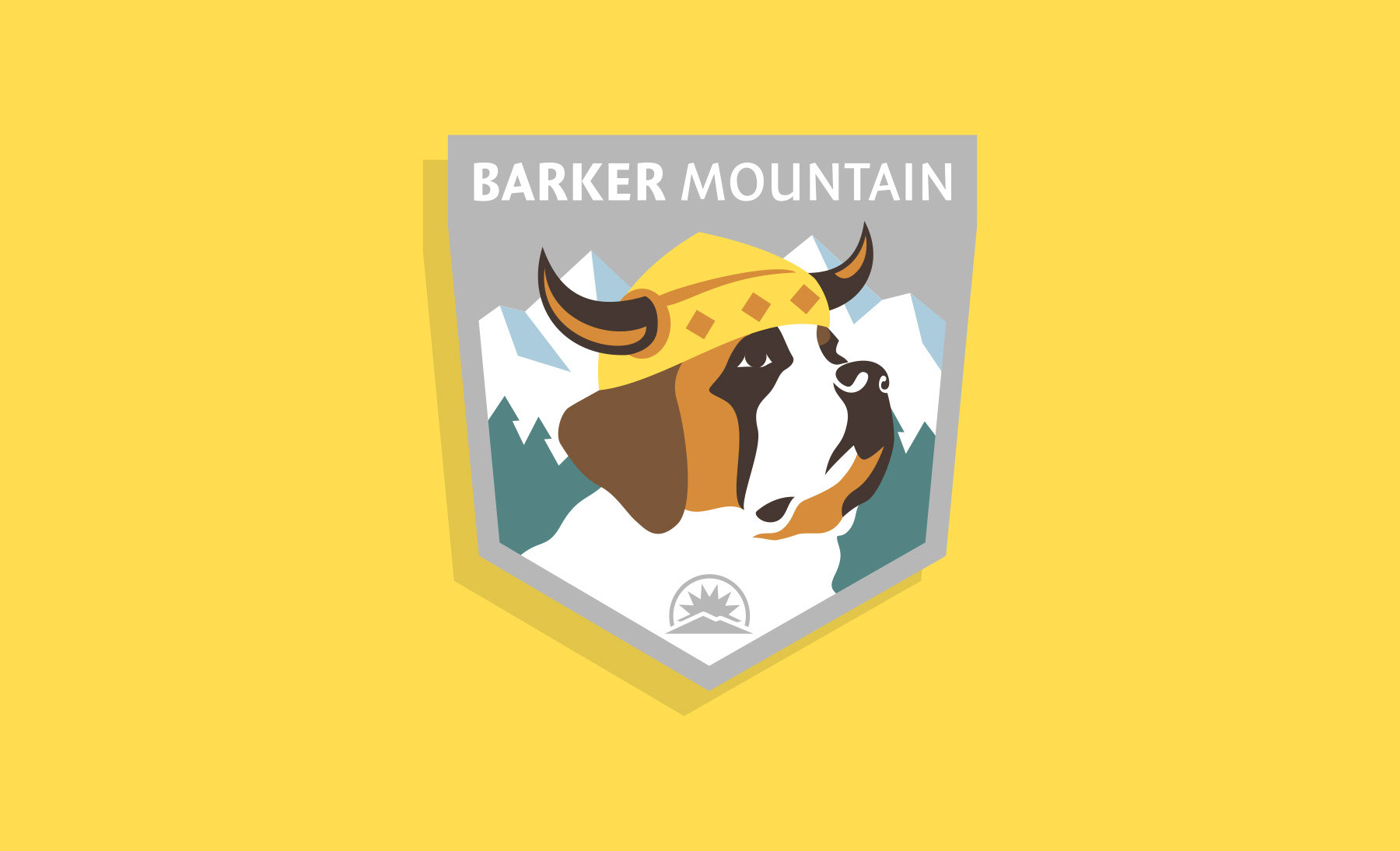 Sunday River Barker Mountain ski mountain peak badge logo design featuring a Saint Bernard dog illustration by Scott Whitehouse.