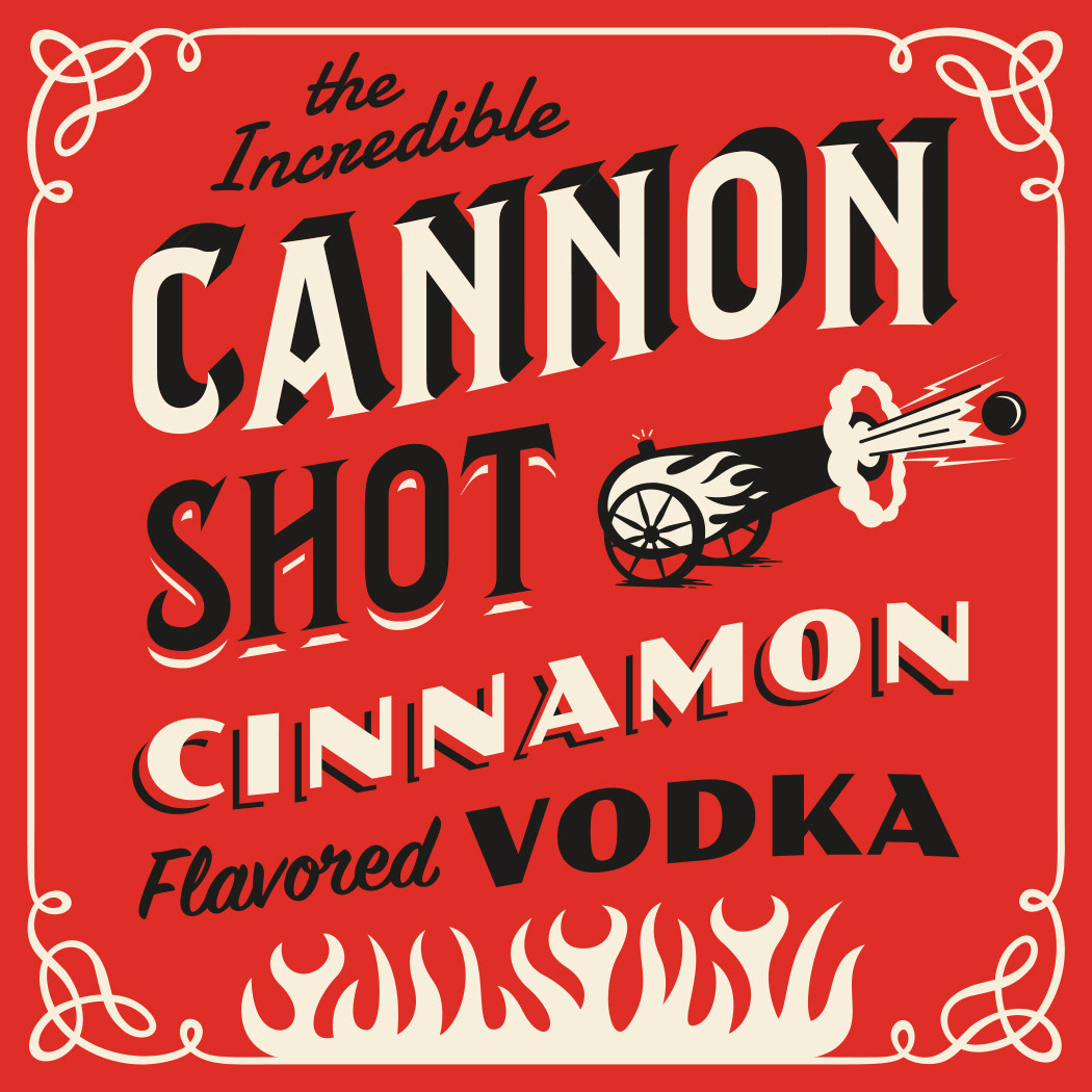 Cannon Shot Cinnamon Flavored Vodka liquor bottle square label design for Maine Craft Distilling, featuring flames and a circus cannon shooting a ball with retro vintage circus carnival typography, designed in red, black, and white.