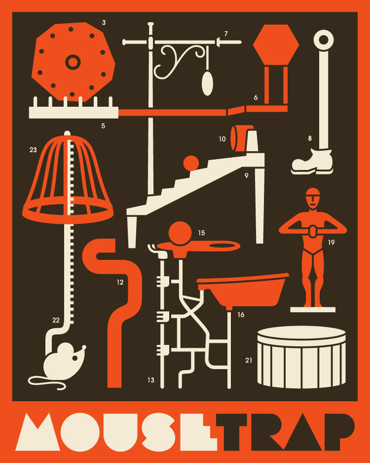 Mouse Trap board game retro poster design in the style of a vintage parts diagram.