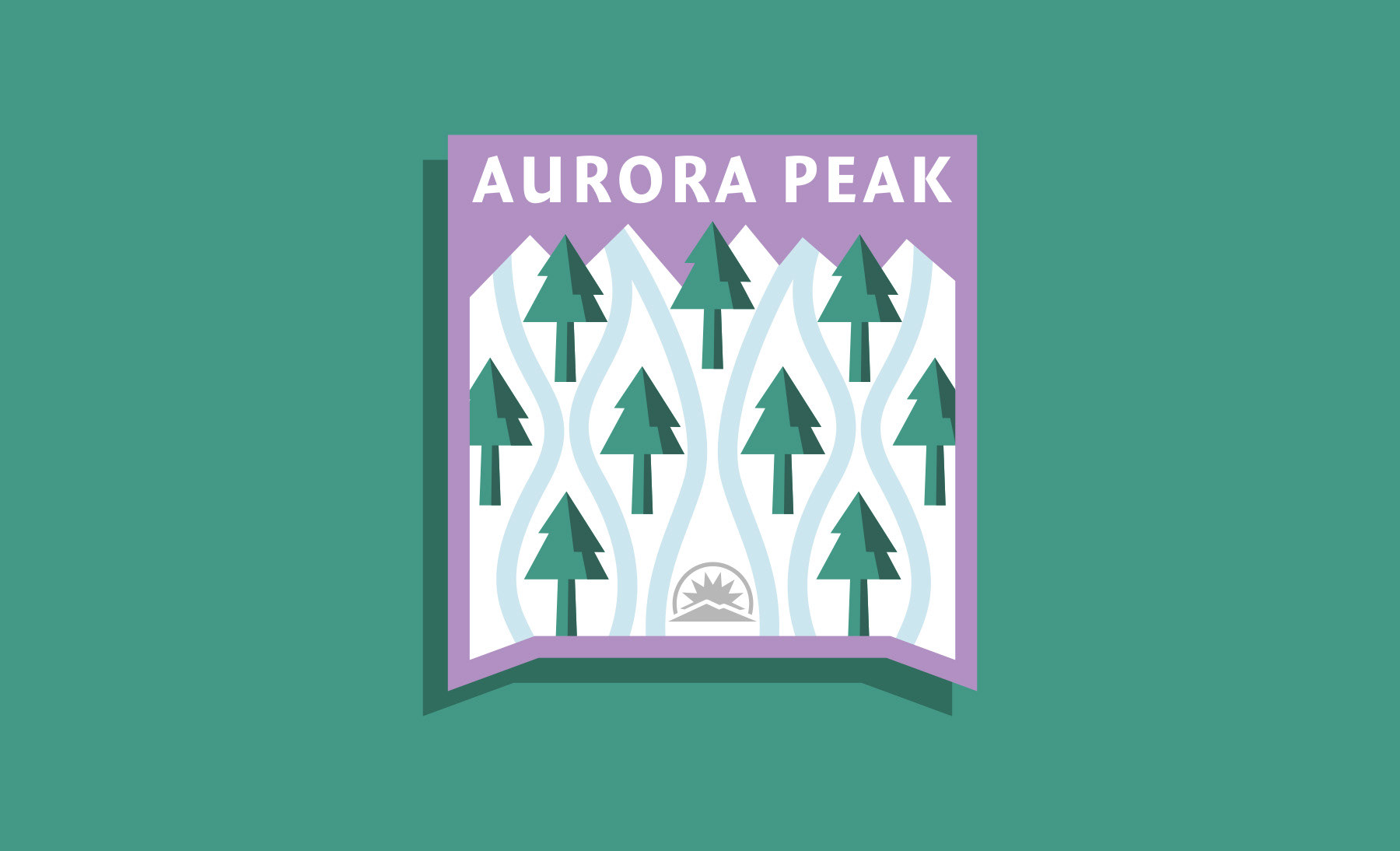 Sunday River Aurora Peak ski resort mountain trail badge logo design featuring pine trees and glade ski trails by Scott Whitehouse.