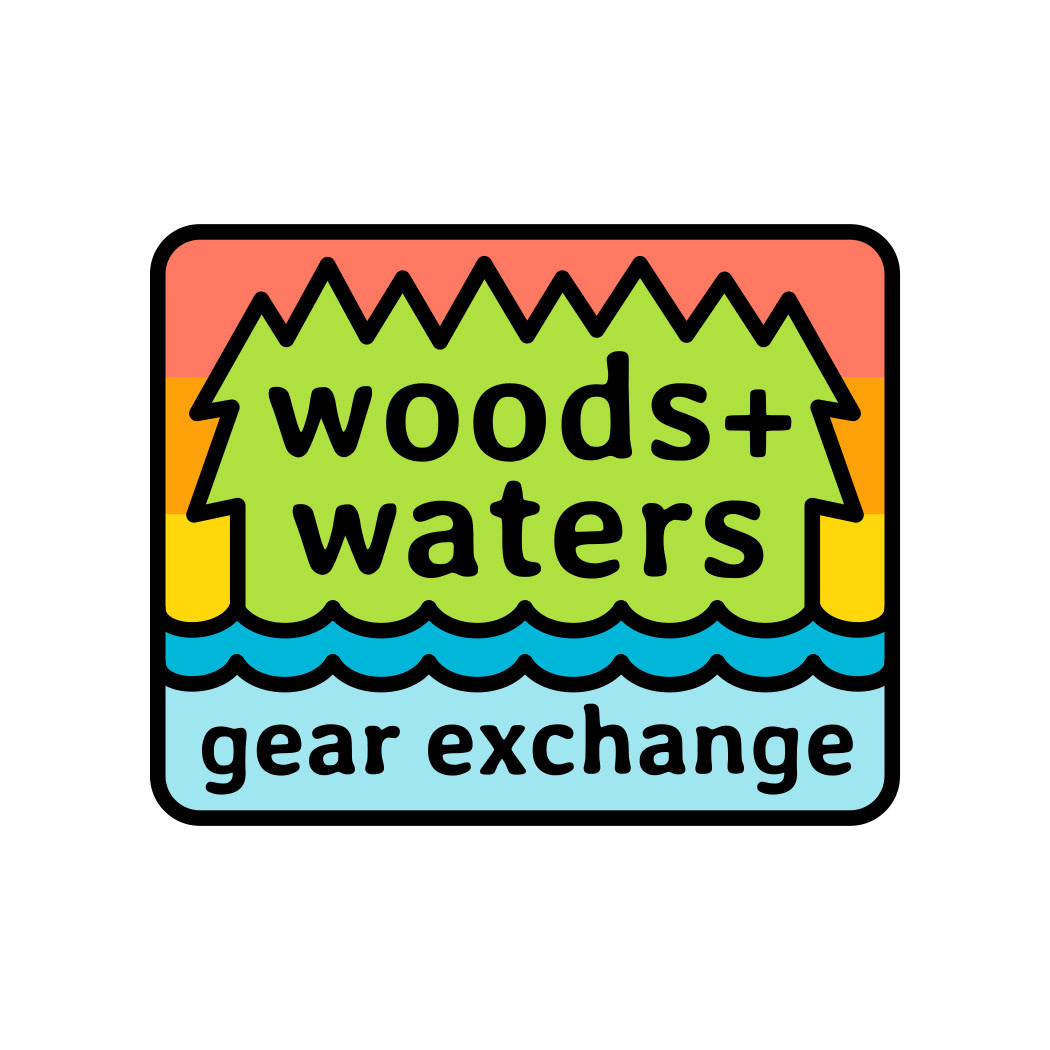 Woods + Waters Gear Exchange Used Gear logo set in a colorful vintage vintage-inspired patch with rounded corners and clean modern outlines of trees and water at sunset.