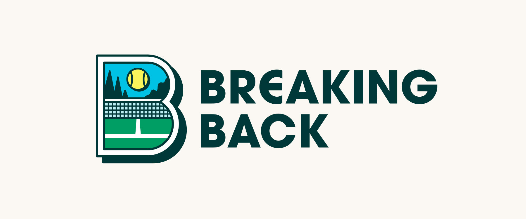 Breaking Back Tennis Podcast logo design featuring a B monogram icon letter with a tennis court illustration inside the B letter and retro typography by Scott Whitehouse.