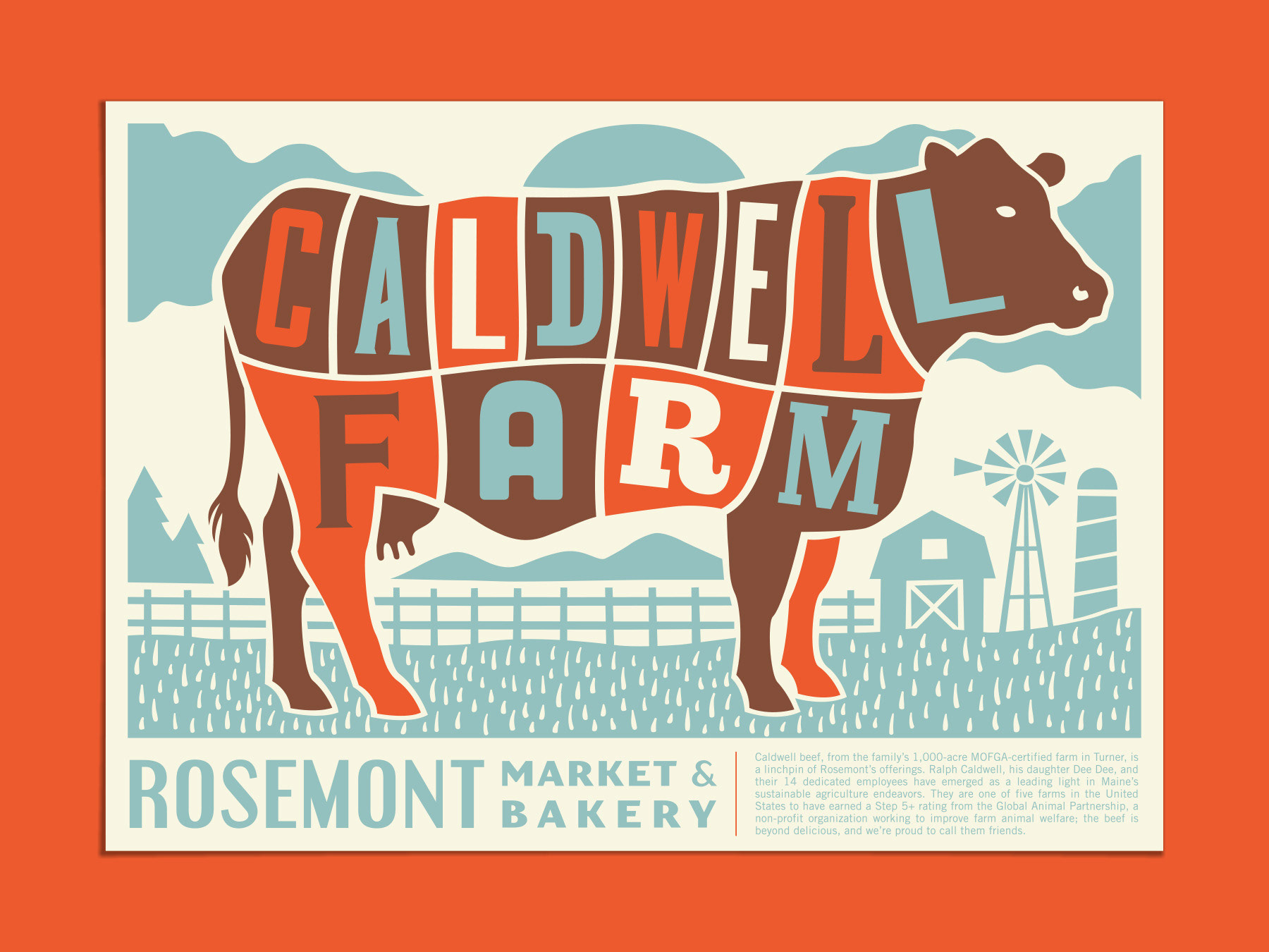 Caldwell Farm poster illustration for Rosemont Markey & Bakery, featuring a cow butcher cut chart standing in a farm field, illustrated in a vintage woodcut style by Scott Whitehouse.