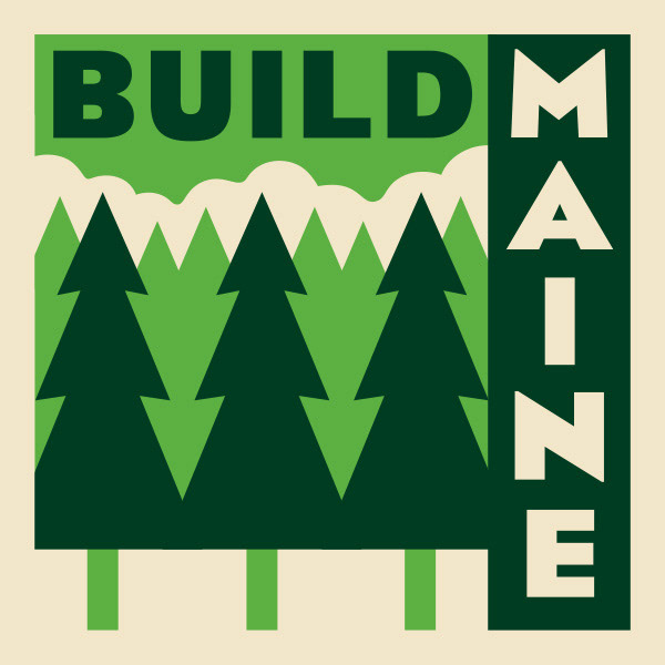 Logo for Build Maine Conference with simple pine tree illustration by Scott Whitehouse.