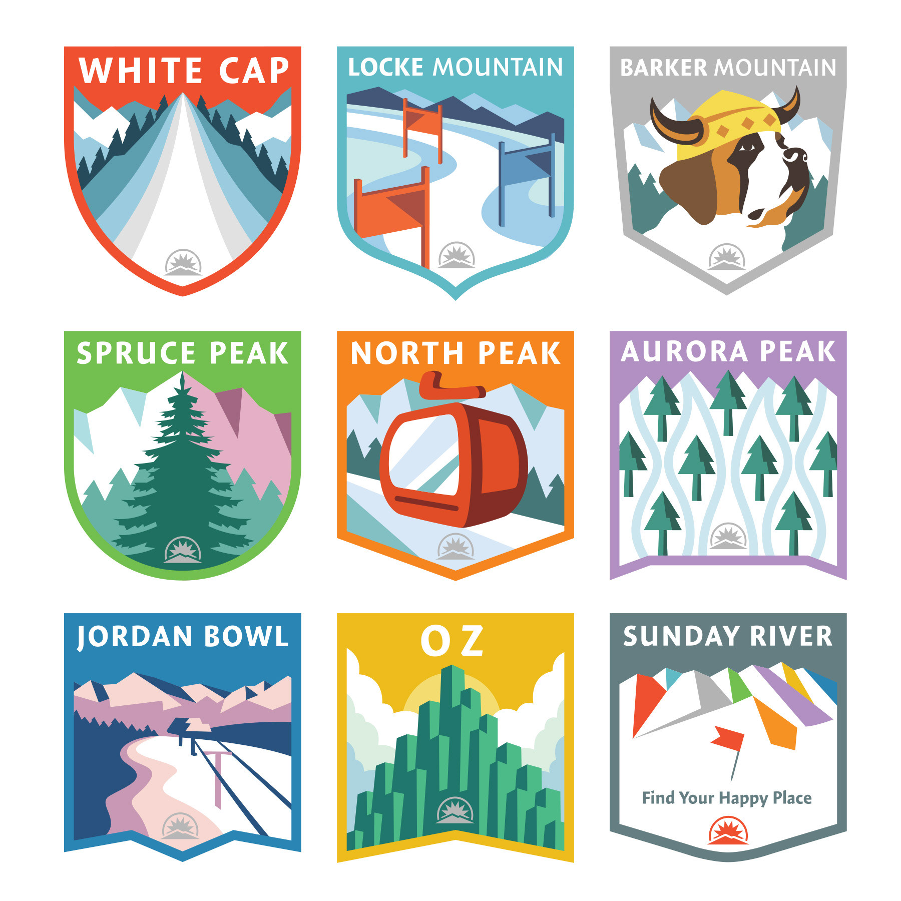 Sunday River ski resort vintage mountain badge designs for all 8 mountain peaks illustrated in a simple graphic style by Scott Whitehouse.