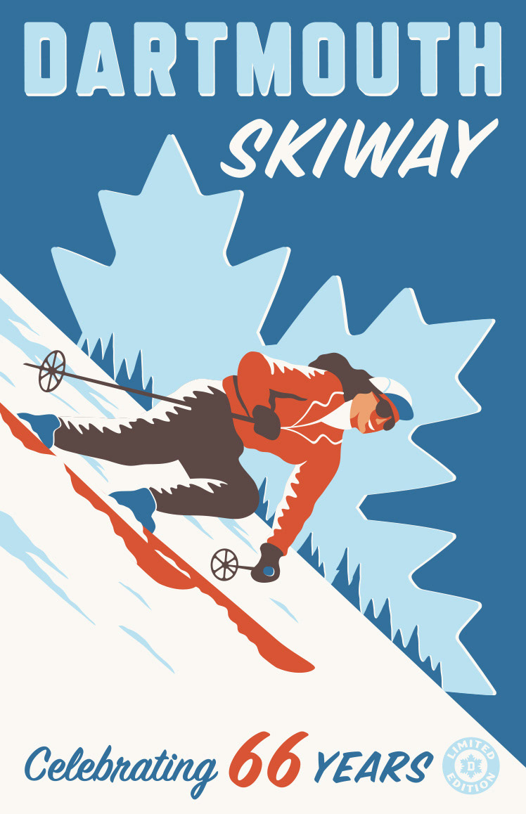 Dartmouth Skiway vintage ski poster illustration with women skiing down a mountain