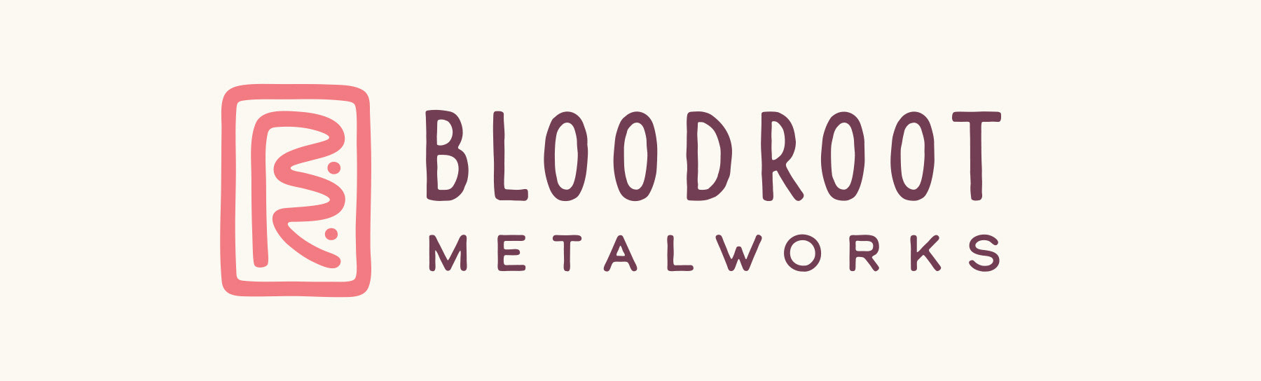 Logo type and symbol design for Bloodroot Metalworks boutique jewelry maker, featuring a BR monogram icon by Scott Whitehouse.
