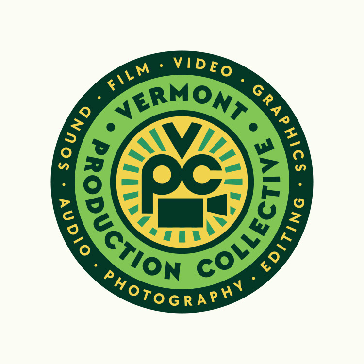 Logo seal badge design for Vermont Production Collective, featuring a VPC icon symbol in th shape of a movie camera by Scott Whitehouse.