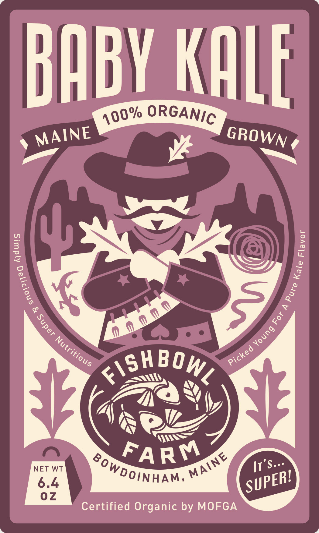 Funny and playful produce label illustration art for Fishbowl Farm organic baby kale, featuring a purple label, a vintage cartoon of a cowboy gunslinger holding lettuce instead of guns in the desert.