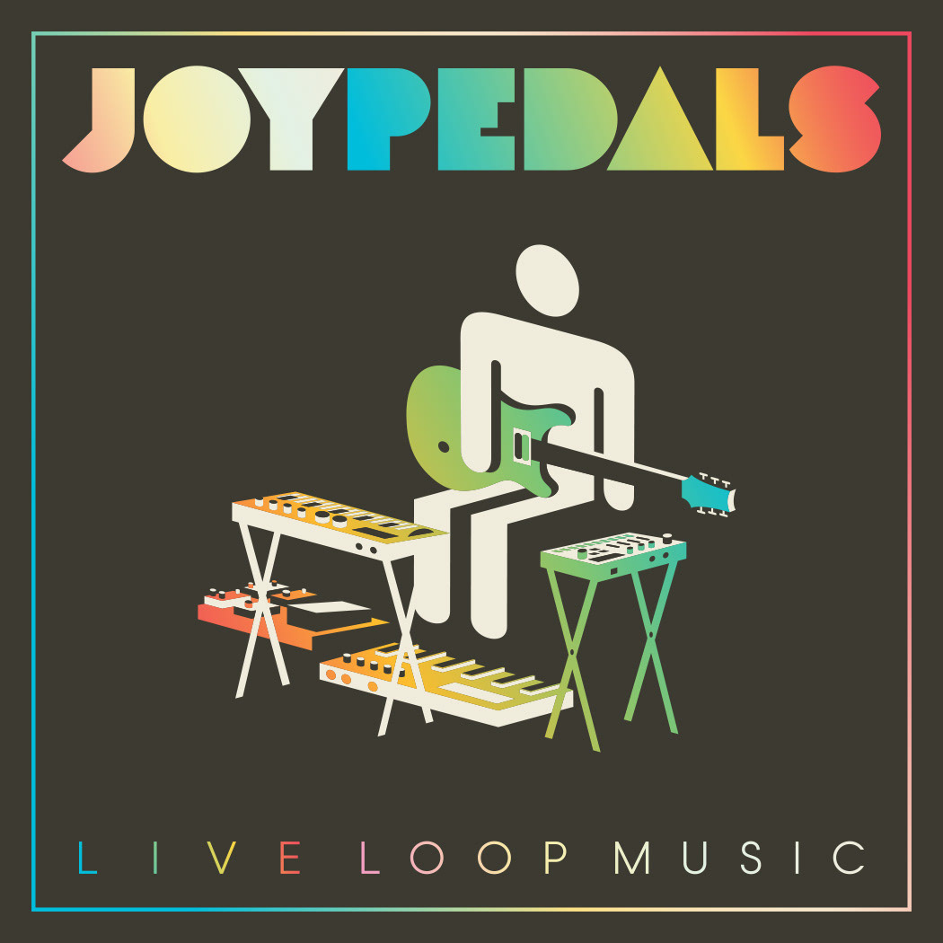 Joypedals live loop musician logo and illustration with a bathroom stick figure holding a guitar sitting behind a live music setup, by Scott Whitehouse.
