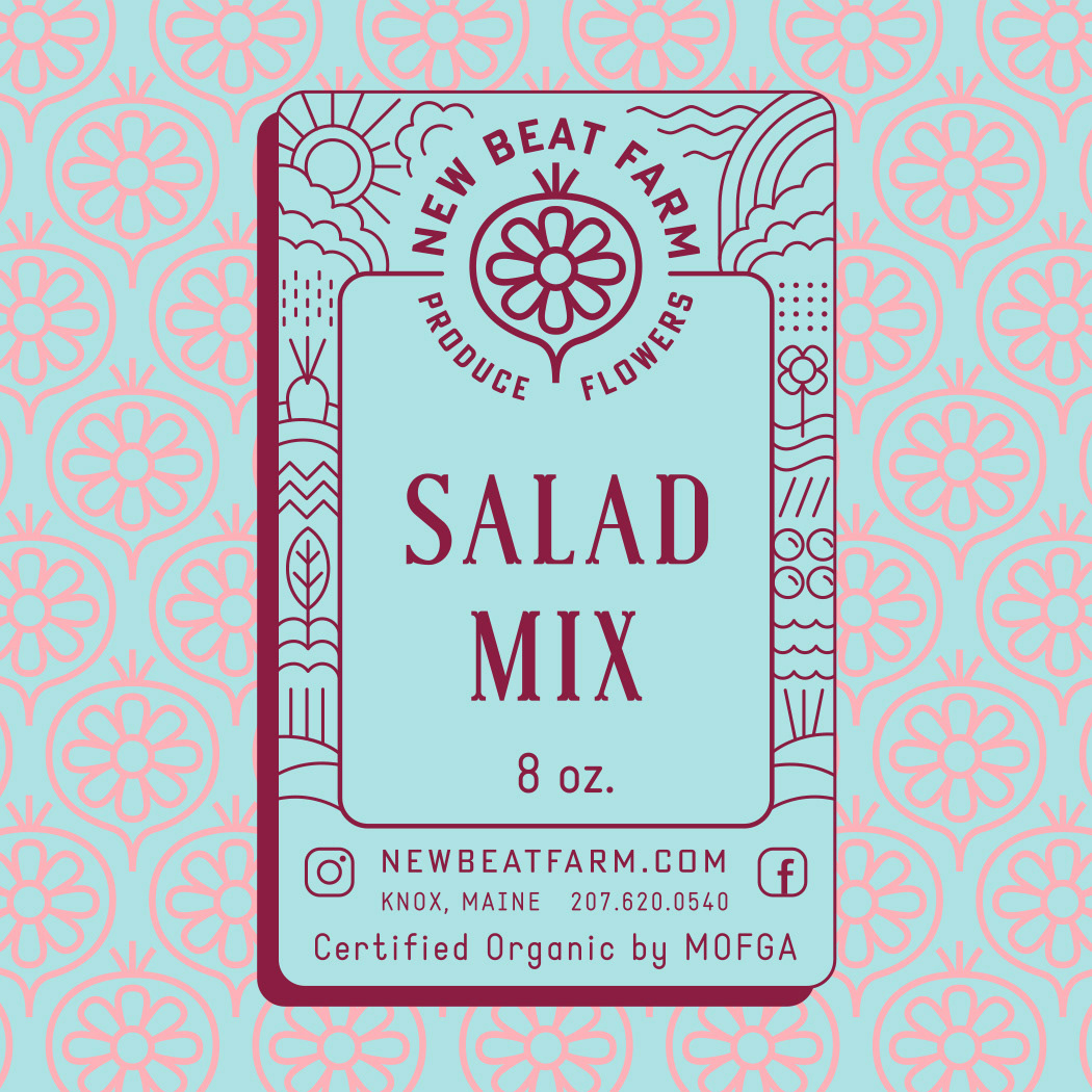 Modern salad label design for New Beat Farm featuring clean and geometric illustration of farmland, vegetables, rainbow and sun - label set against a beet pattern backdrop, by Scott Whitehouse.