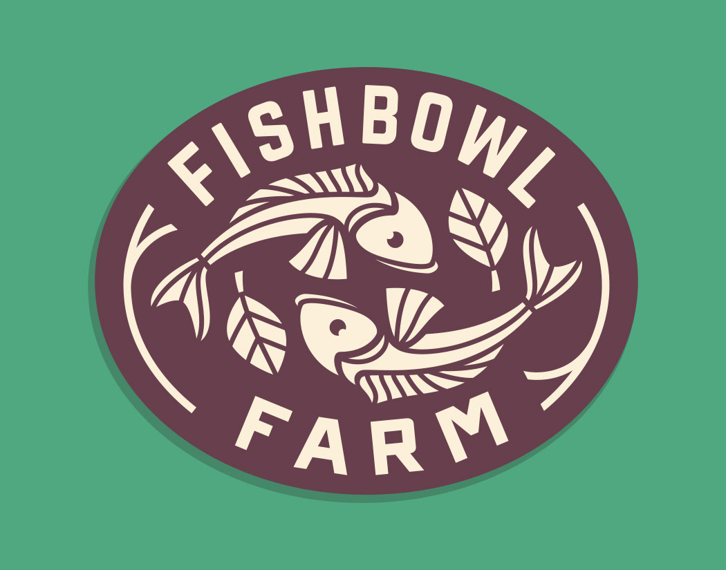 Logo design for Fishbowl Farm in Bowdoinham, maine, featuring 2 illustrated fish swimming in a circle and 2 leaves, set in an oval shape.