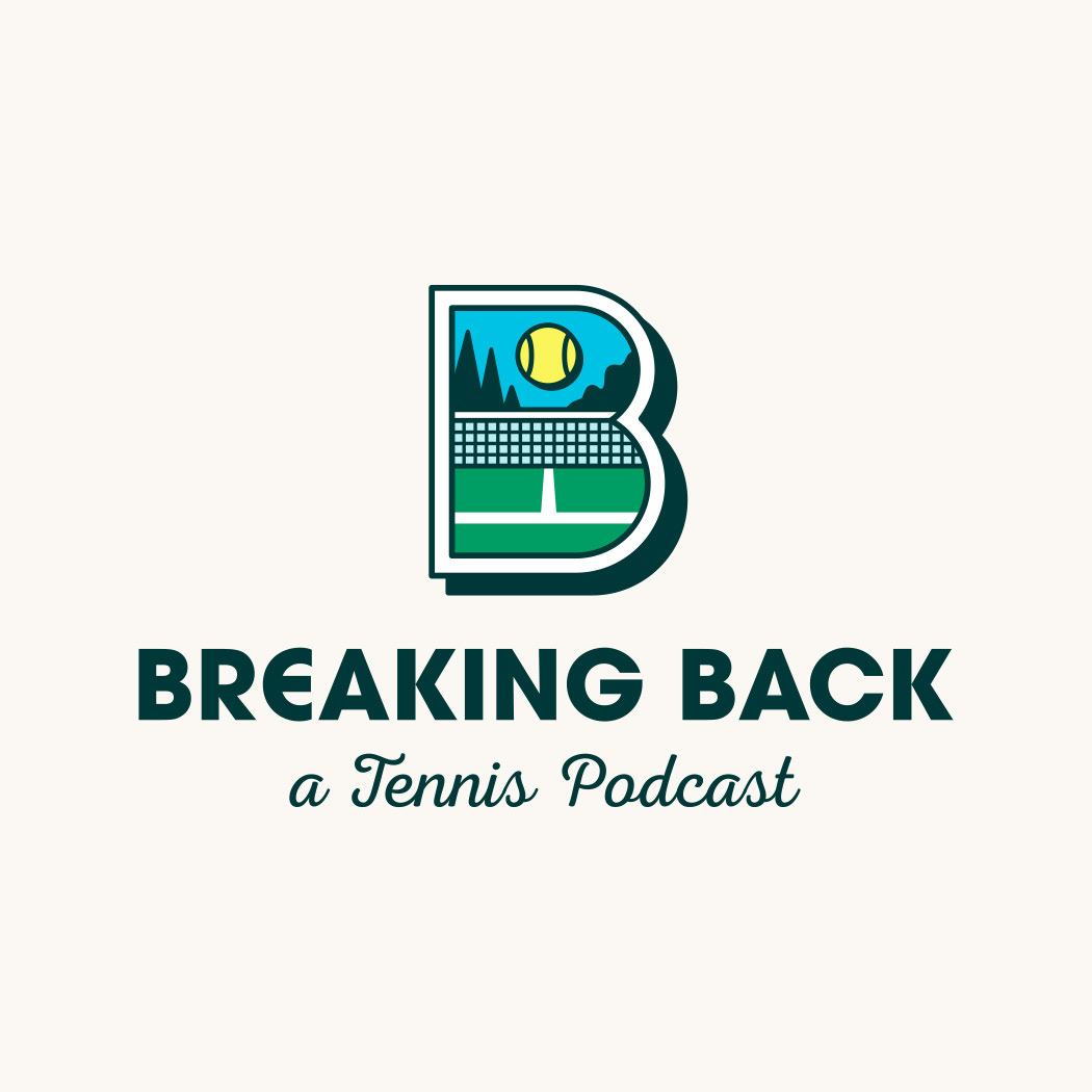 Breaking Back Tennis Podcast logo design featuring a B monogram icon letter with a tennis court illustration inside the B letter and retro typography by Scott Whitehouse.