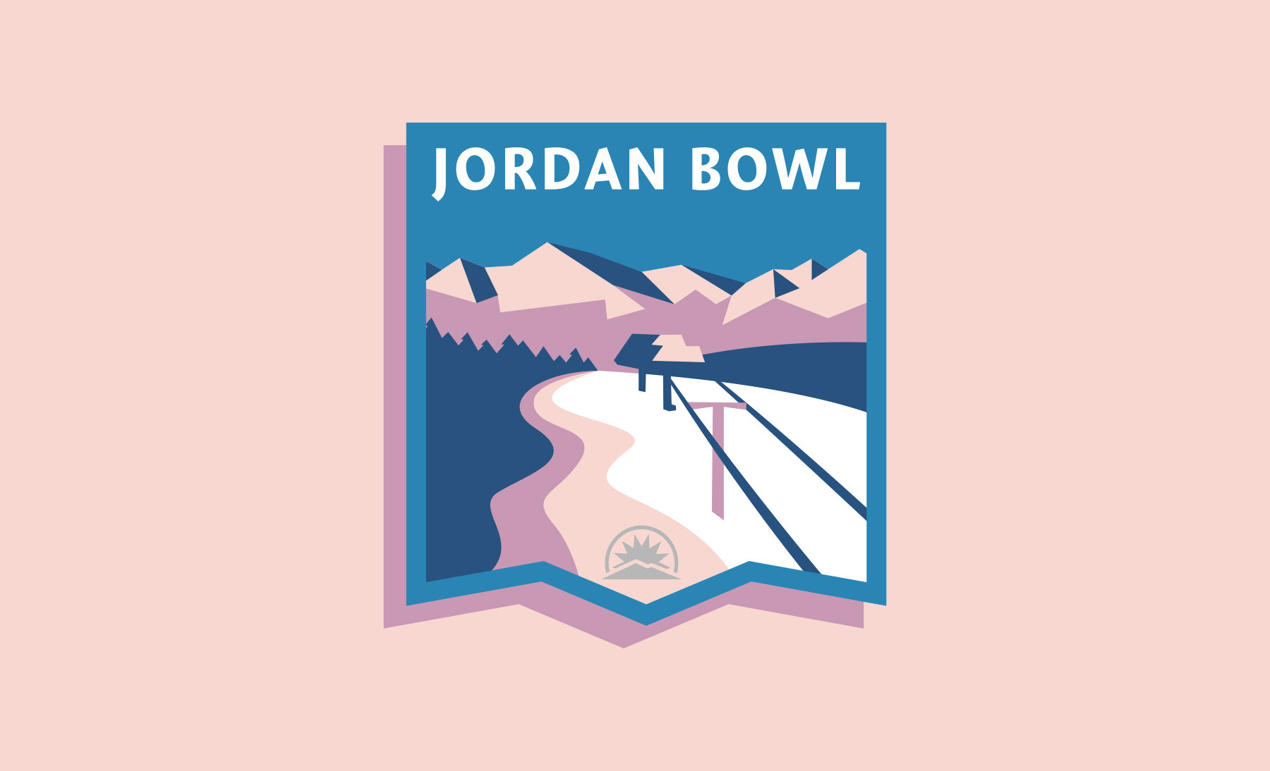Sunday River Jordan Bowl ski resort peak badge logo design featuring a scenic ski lift illustration by Scott Whitehouse.