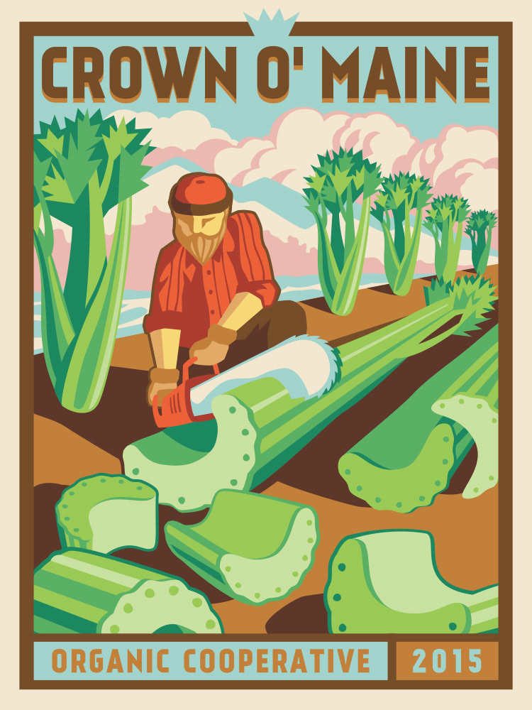 Crown O' Maine Organic Cooperative poster illustration featuring a lumberjack farming giant vegetables and celery with a chainsaw. Inspired by vintage fruit labels.