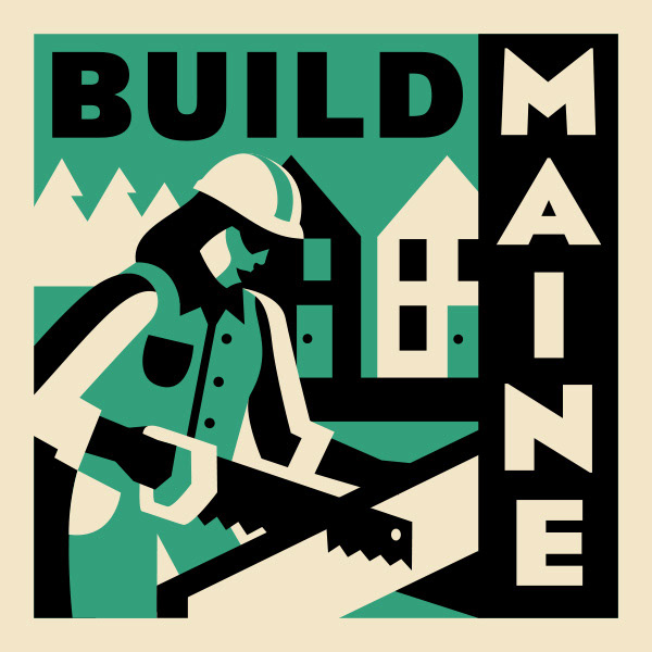 Logo for Build Maine Conference with WPA style illustration of a woman worker sawing wood lumber by Scott Whitehouse.