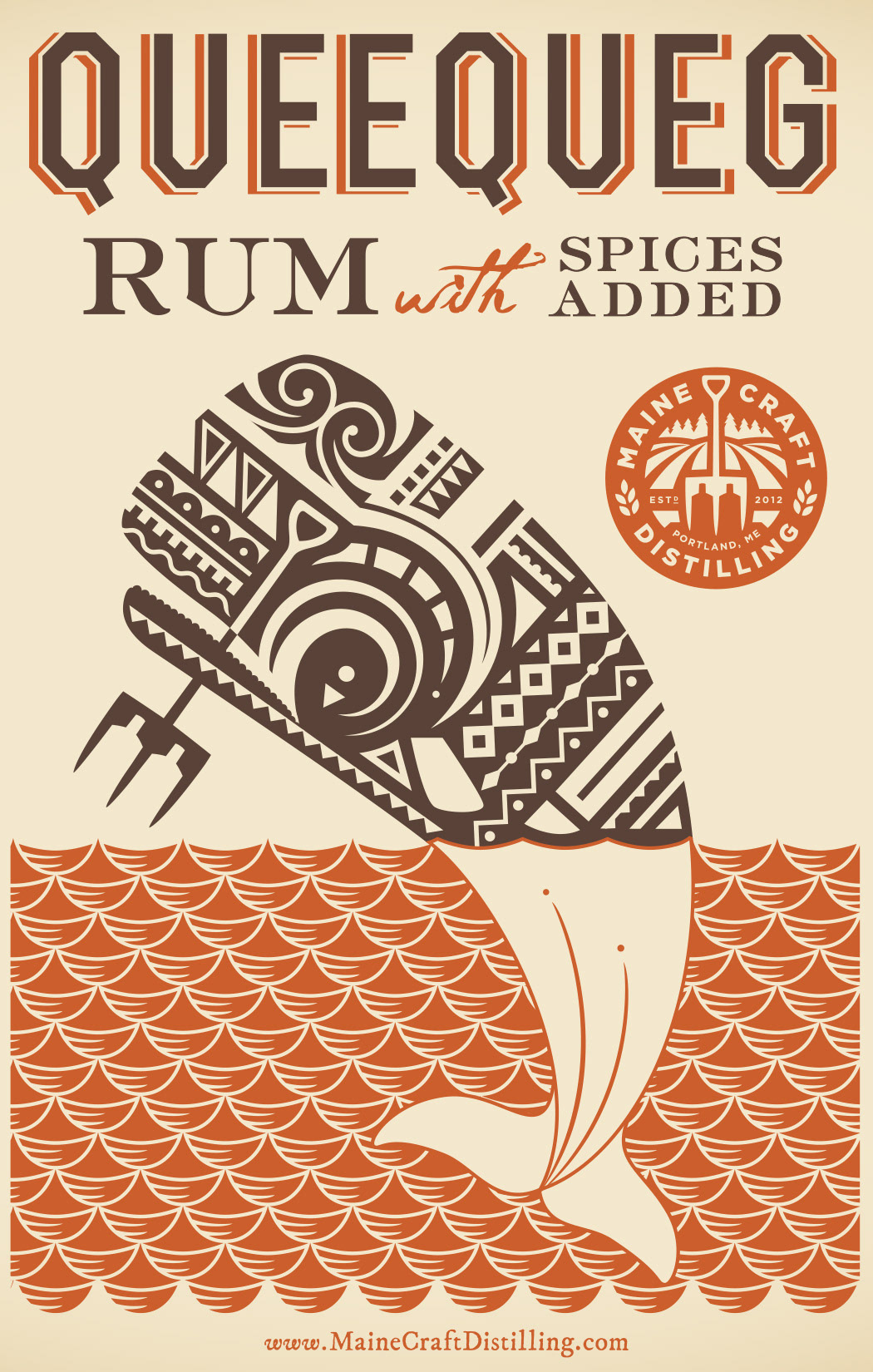 Queequeg Spiced Rum poster with a whale illustrated in a tribal tattoo style. 