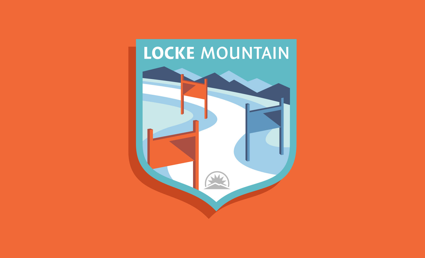 Sunday River Locke Mountain ski resort peak badge logo design featuring ski racing flags by Scott Whitehouse.