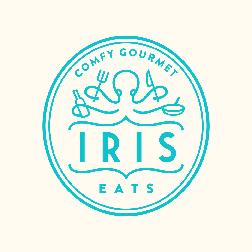 Iris Eats Restaurant oval logo design featuring an octopus holding various cooking items.