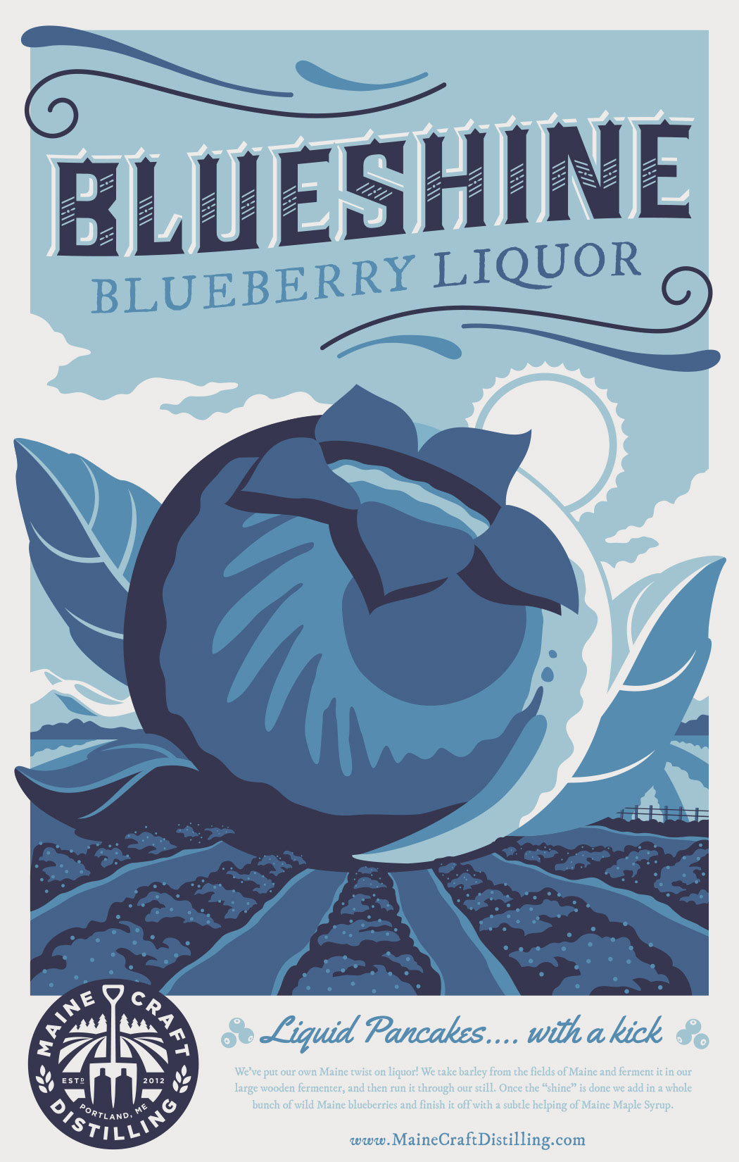 Blueshine Blueberry Liquor poster featuring a giant blueberry illustration in the style if vintage fruit labels.