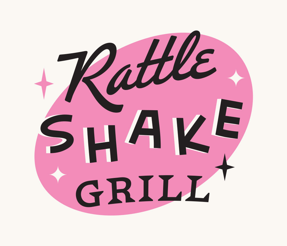 Rattle Shake Grill logo with retro script and fonts type, placed ontop of a pink oval shape along with flash burst graphics