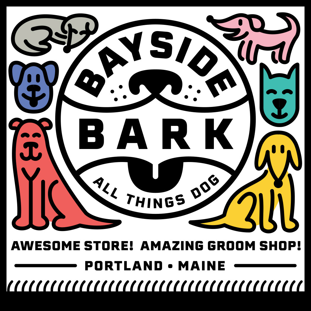 Bayside Bark pet store advertisement featuring their logo badge with simple line graphics and illustrations of different colored dogs, drawn in the style of Keith Haring.