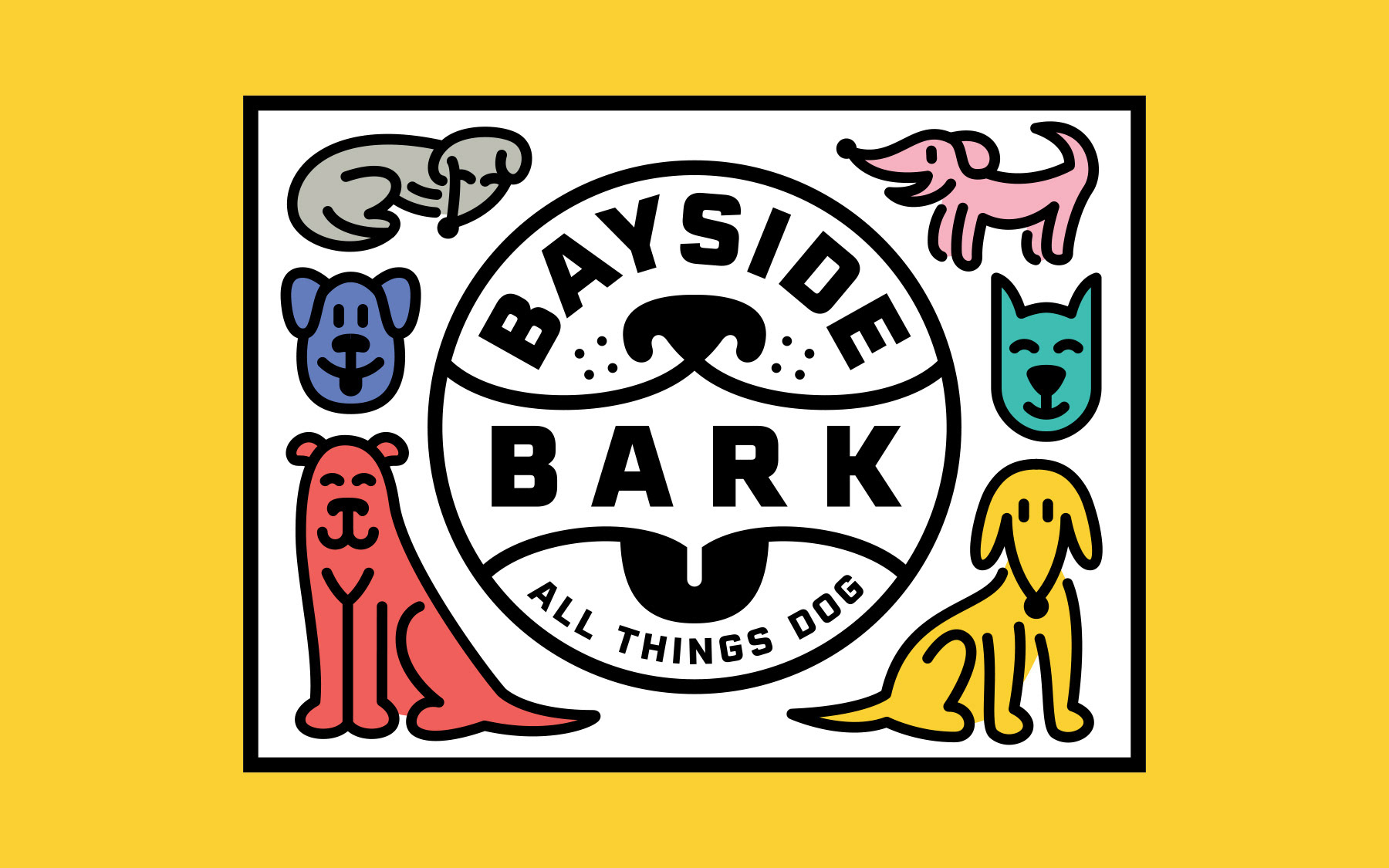 Bayside Bark pet store logo badge with simple line graphics and illustrations of different colored dogs, drawn in the style of Keith Haring.