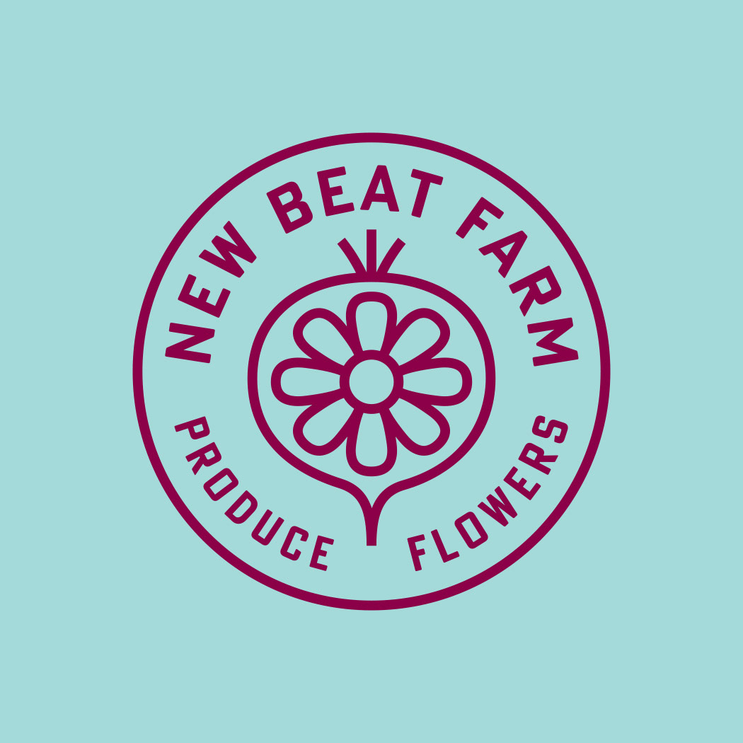 New Beat Farm Produce and Flowers logo design and seal, featuring a simple beet and flower icon design, by Scott Whitehouse.