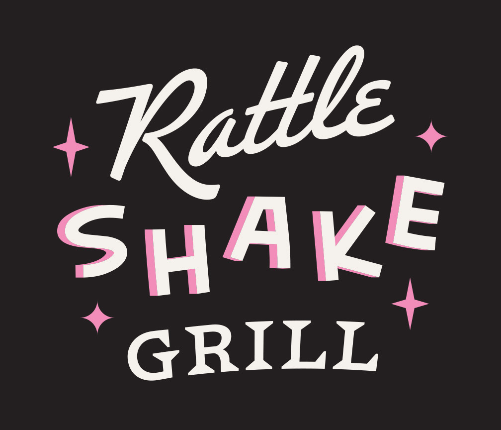 Rattle Shake Grill logo design with retro mid-century modern type and retro star bursts in black white and pink