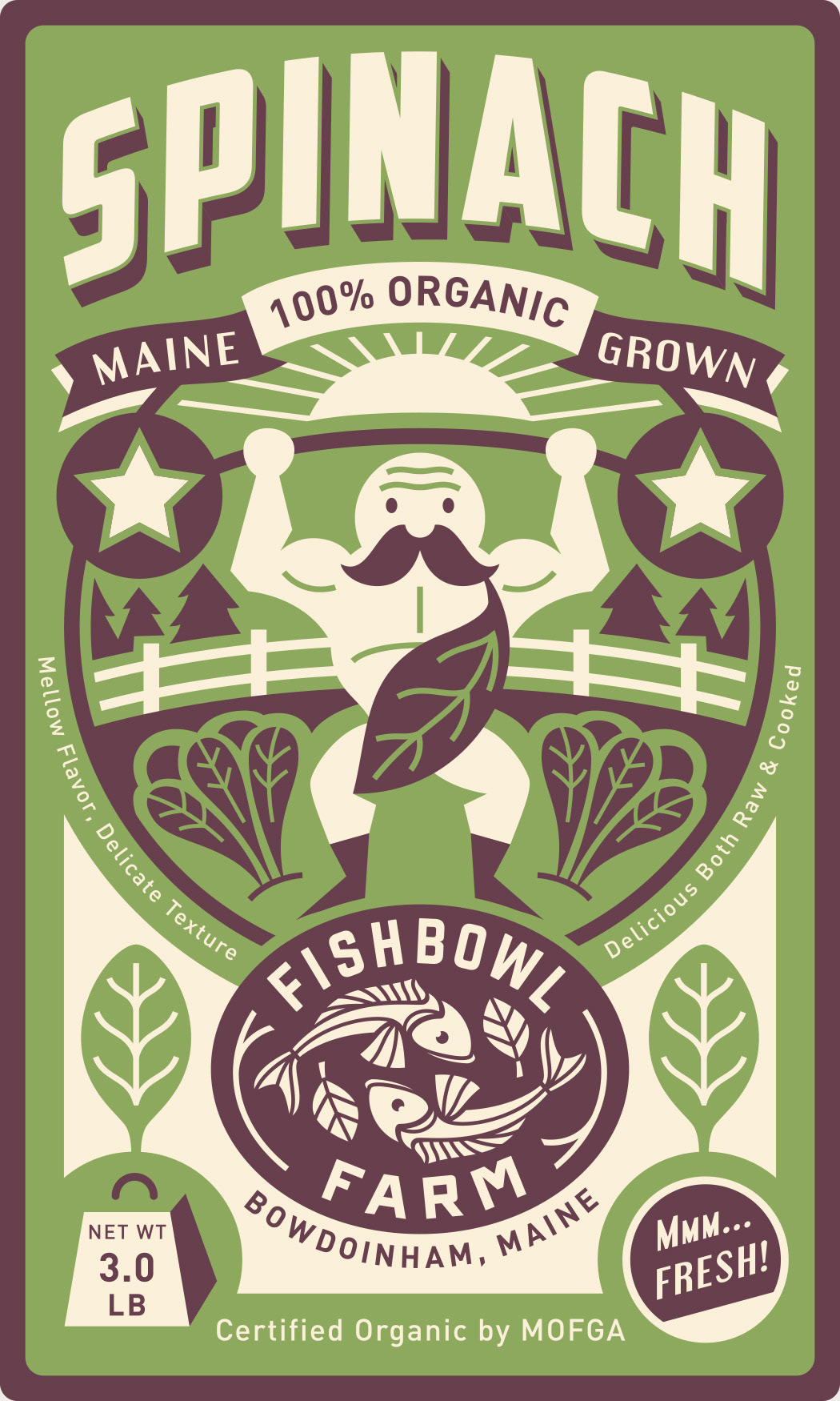 Funny and playful produce label illustration art for Fishbowl Farm Organic Spinach, featuring a green label, a strongman cartoon holding up a weight, and a spinach farm field..