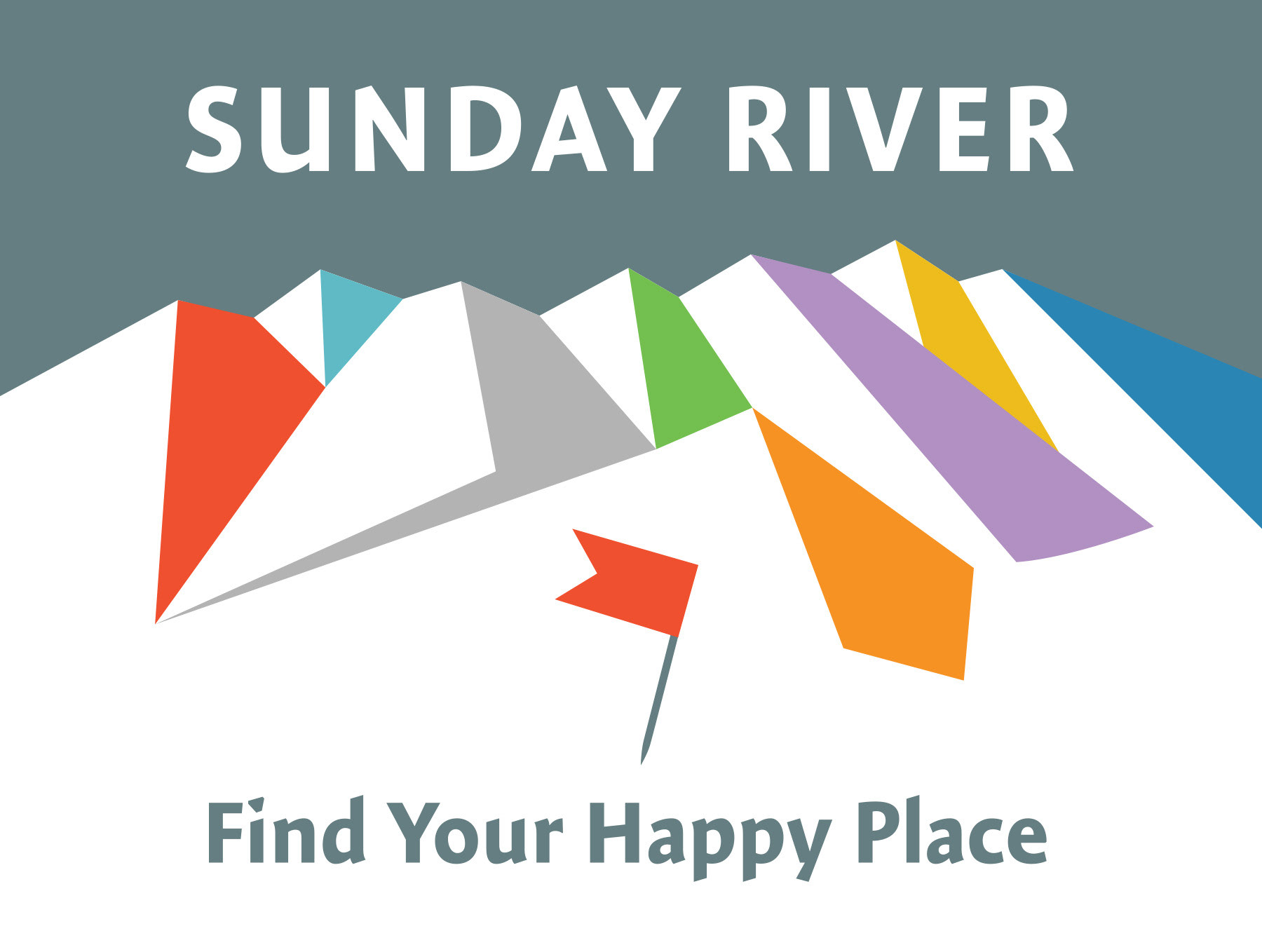 Sunday River ski resort logo with abtract mountain illustration and Find Your Happy Place tagline with red flag, designed by Scott Whitehouse.