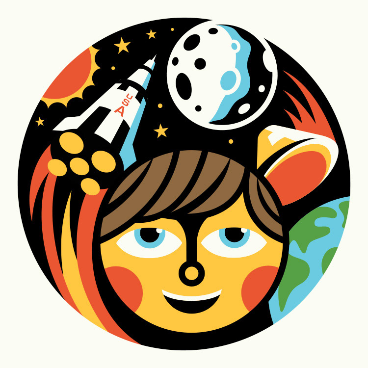 Apollo to the Moon illustration for the Children's Museum in Portland, Maine. Drawing of a boy looking up at the the moon and stars and the Apollo space shuttle craft.