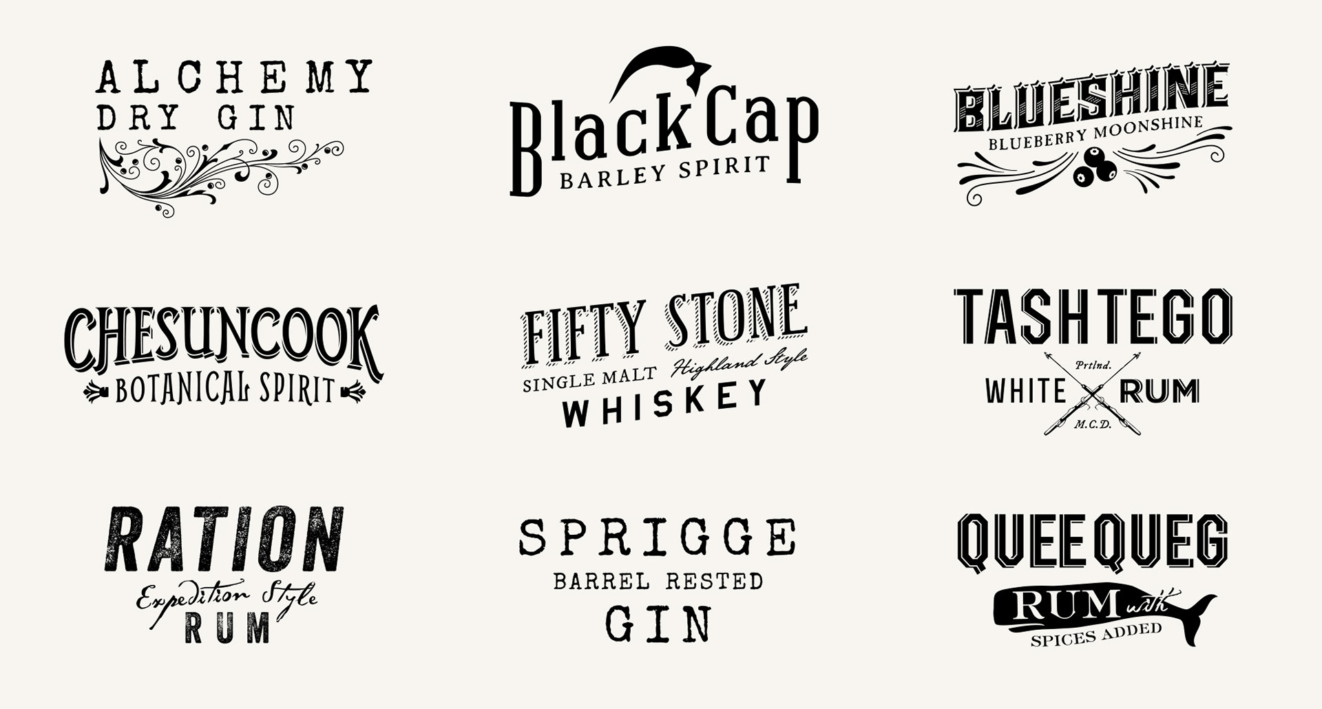 Black and white logos for Maine Craft Distilling liquor bottle brands, including Alchemy Gin, Black Cap Vodka, Blueshine Blueberry Moonshine, Fifty Stone Whiskey, Ration Rum, and Queequeg Rum.