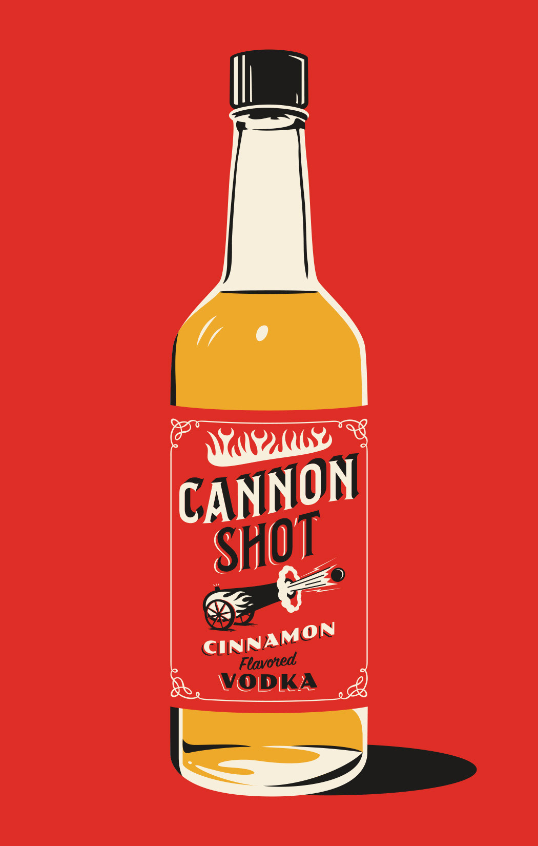 Cannon Shot Cinnamon Flavored Vodka liquor bottle label design for Maine Craft Distilling, featuring flames and a circus cannon shooting a ball with retro vintage circus carnival typography, designed in red, black, and white and placed on an illustrated liquor bottle.