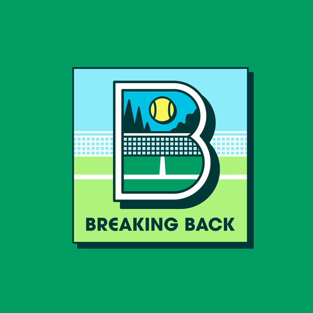Vintage tennis scene illustration inside of the letter B, logo icon by Scott Whitehouse.