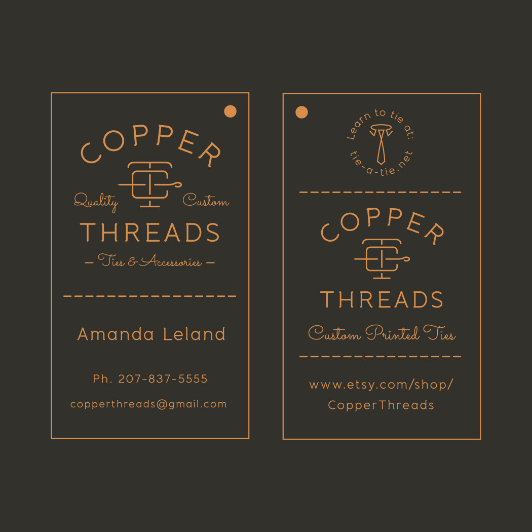 Copper Threads custom printed ties business card design.