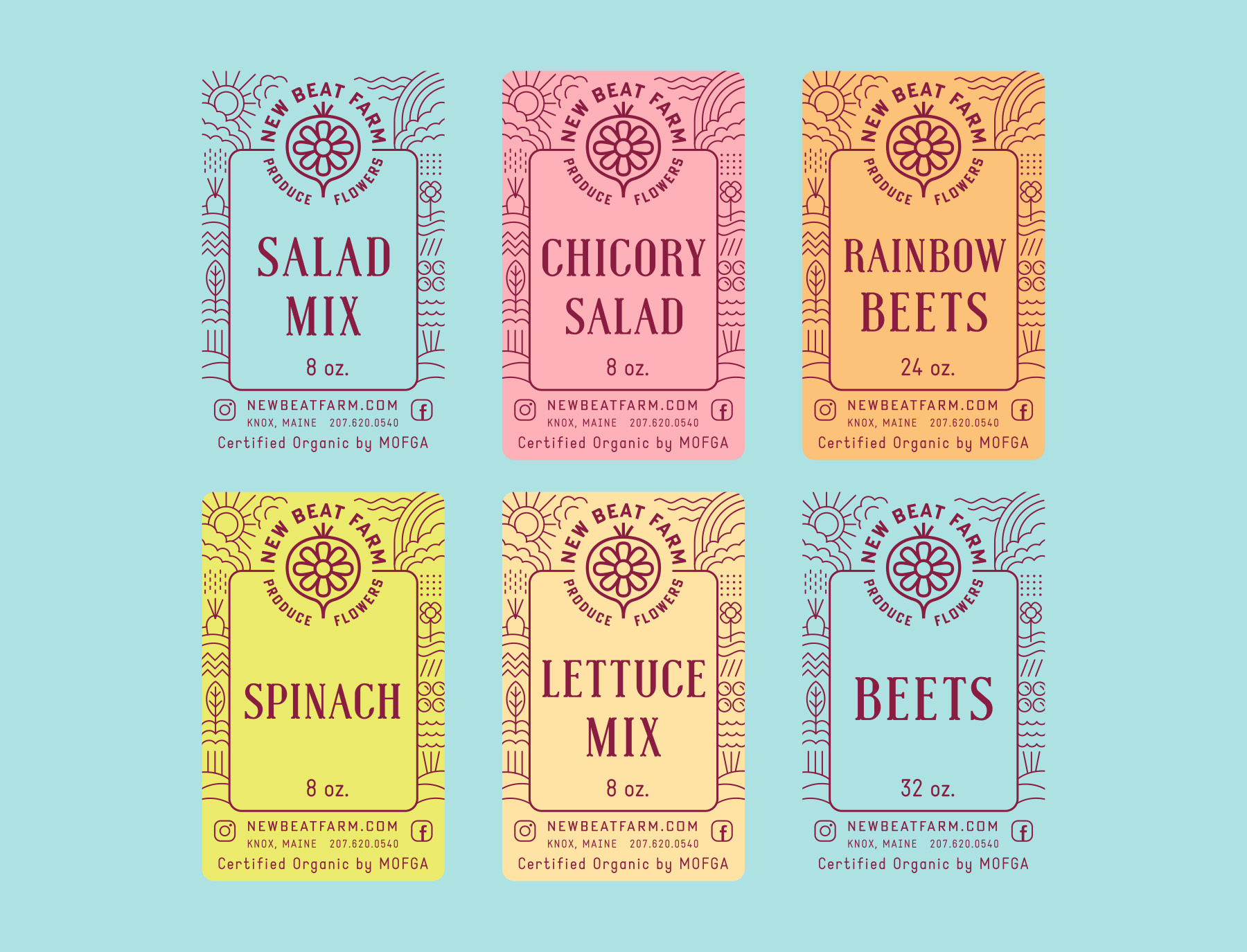 Label designs for New Beat Produce and Flower Farm for Salad Mix, Chicory Salad, Rainbow Beets, Spinach, Lettuce Mix, and Beets, featuring a clean and modern illustration of a farm scene by Scott Whitehouse.