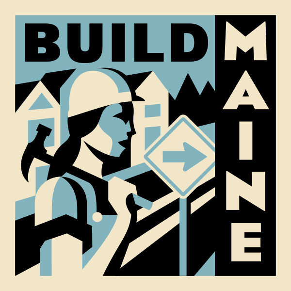 Logo for Build Maine Conference with WPA style illustration of a woman worker holding a hammer on a street by Scott Whitehouse.
