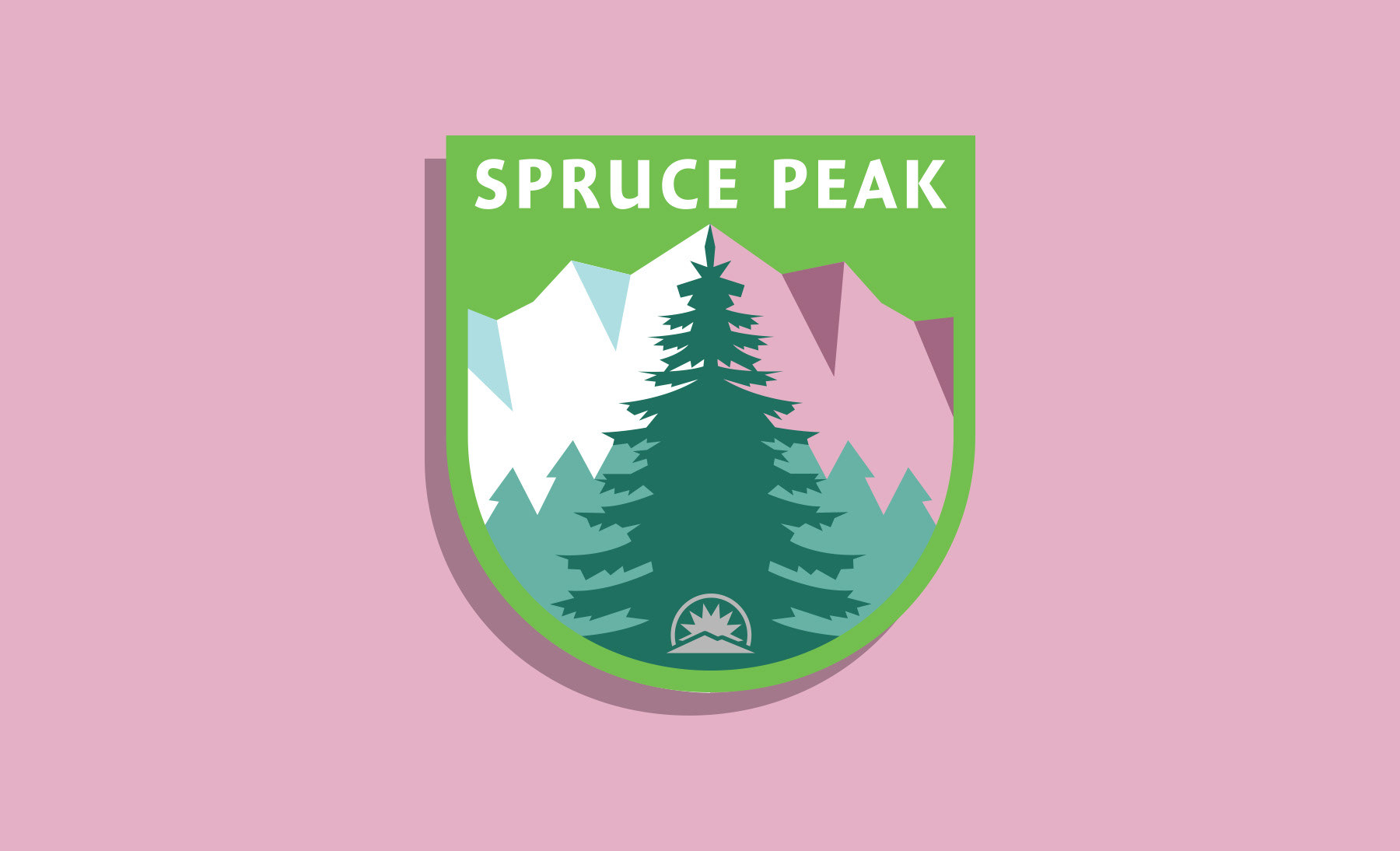 Sunday River Spruce Peak ski resort mountain badge logo design featuring a Spruce tree illustration against a mountain backdrop by Scott Whitehouse.