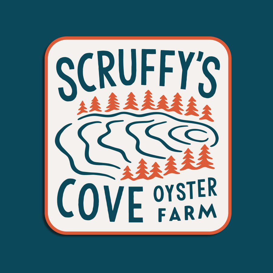 Logo and patch design for Scruffy's Cove Oyster Farm in Westport, Maine, featuring an abstract vintage oyster illustration in the shape of waves and a cove.