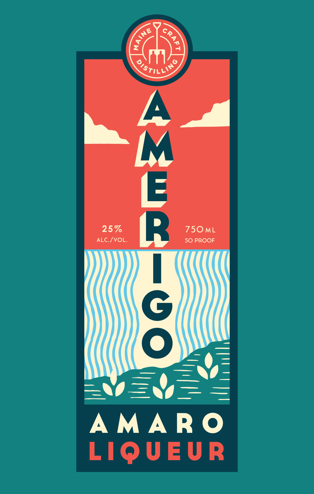 Amerigo Amaro Liqueur label design done in a vertical and tall size in a vintage Art Nouveau style.