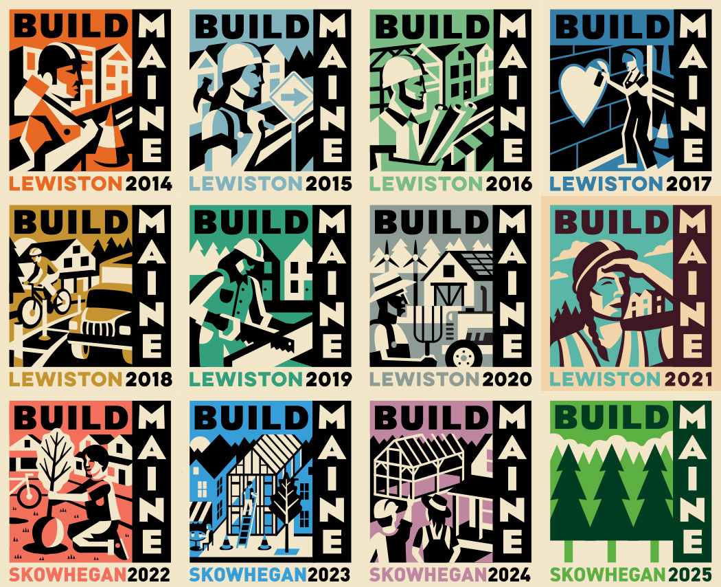 Build Maine Conference logos, featuring 12 vintage WPA style illustrations for each year by Scott Whitehouse.