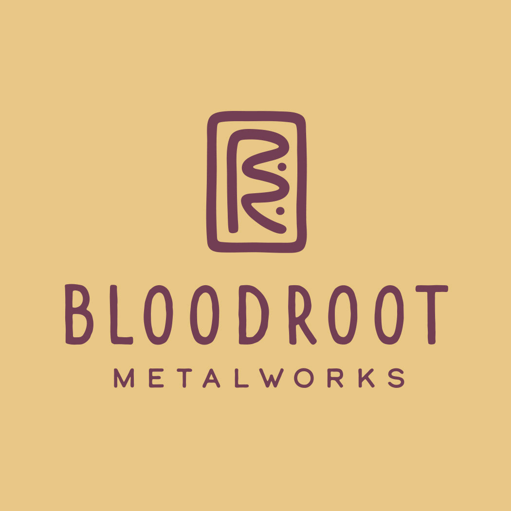 Bloodroot Metalworks stacked logo design with a BR stamp seal by Scott Whitehouse.