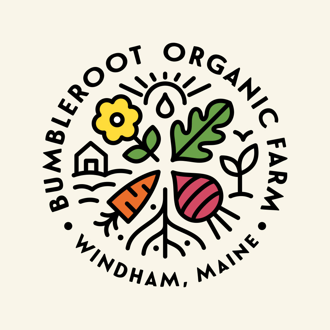 Bumbleroot Organic Farm circle seal design featuring a clean line illustration or various produce and farm elements that show the growing process.