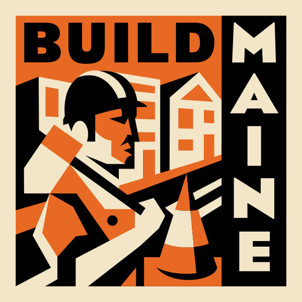 Logo for Build Maine Conference with WPA style illustration of a construction worker holding a sledge hammer on a street by Scott Whitehouse.
