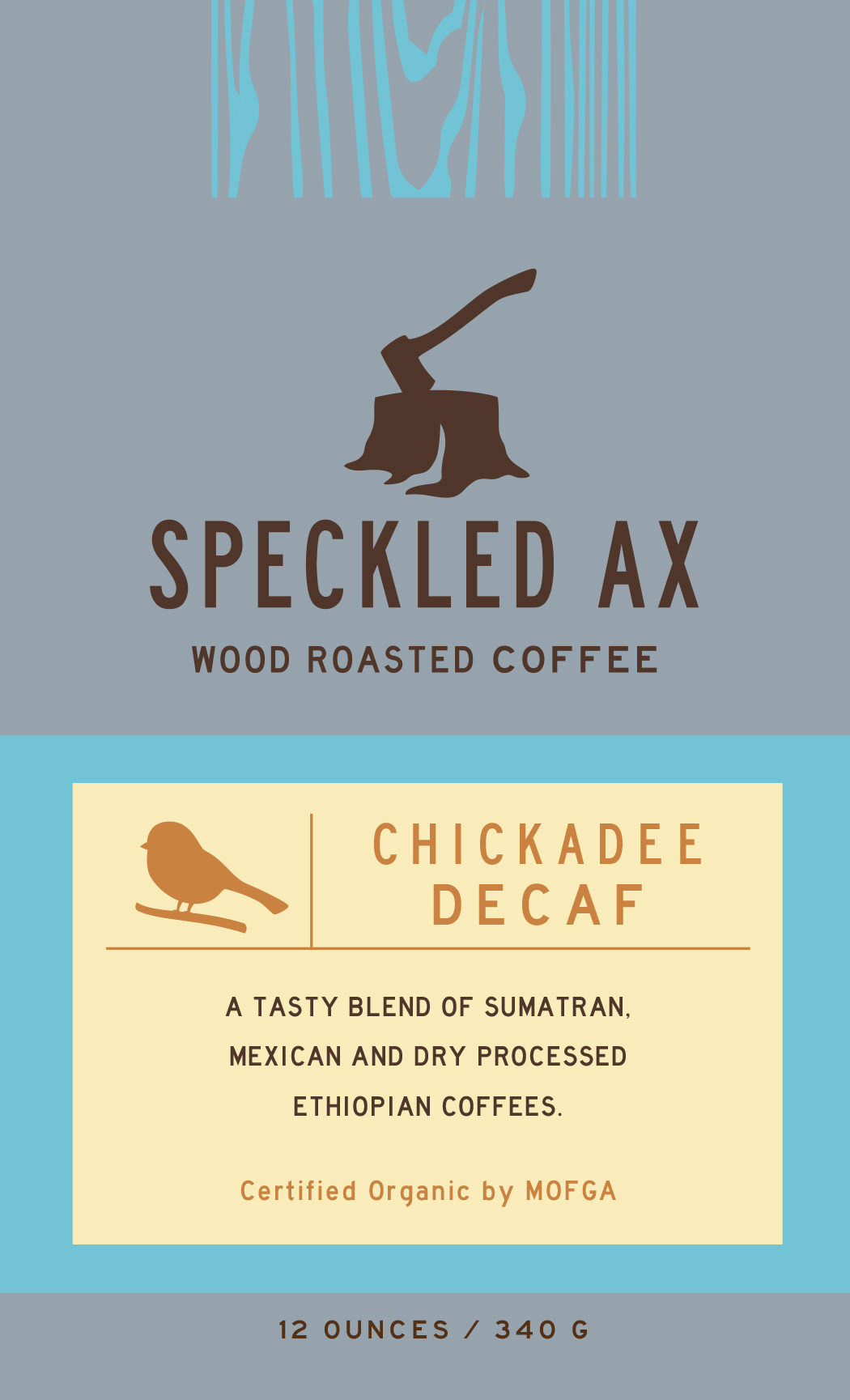 Speckled Ax Wood Roasted Coffee bag design for Chickadee Decaf coffee blend and a gray silver bag.
