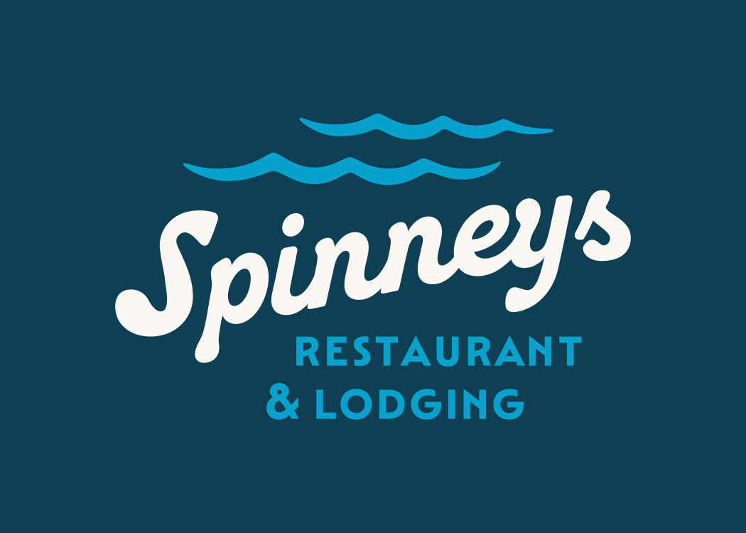 Spinneys Restaurant & Lodging logo design with vintage script type and waves by Scott Whitehouse.
