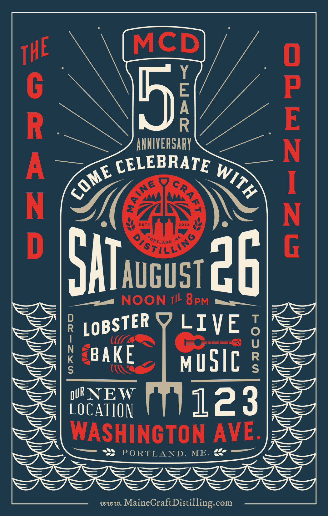 Maine Craft Distilling Grand Opening poster with text and graphics inside the outline of a liquor bottle.